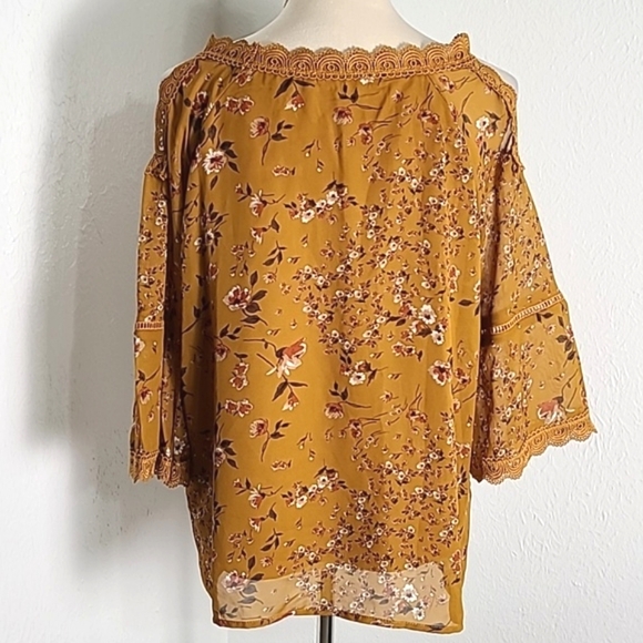Knit Works Gold Floral Cold-Shoulder Top, Lace Embroidered Accents Girls Large - Picture 7 of 11